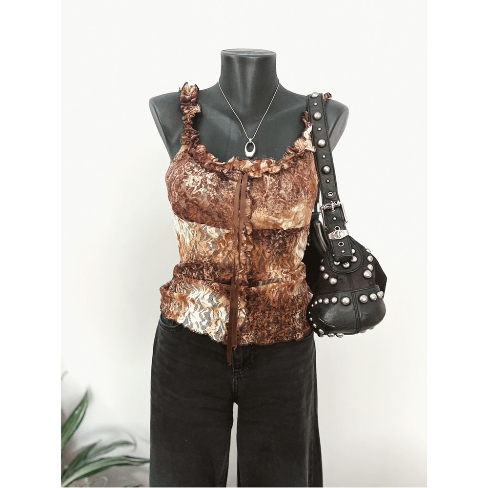 Vintage “Sinequanone” | Unique Milkmaid Mesh Frilly Tank Top